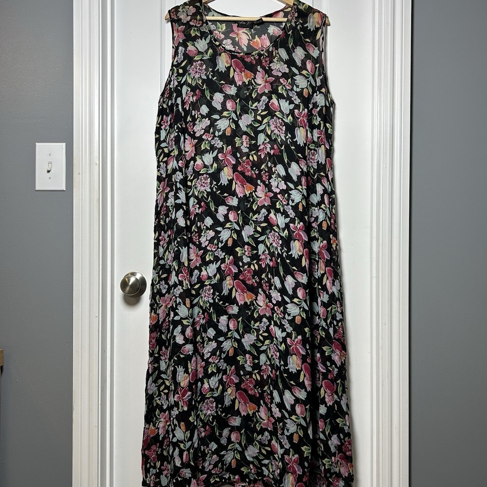 Lola P Vintage 90s Rayon Black Watercolor Floral Print Sheer Tank Maxi Dress